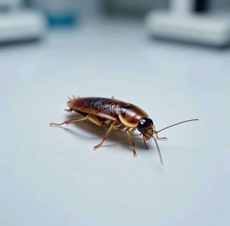 Macro clinical photograph of a German cockroach on a sterile white surface under cold laboratory lighting, sharp scientific focus.