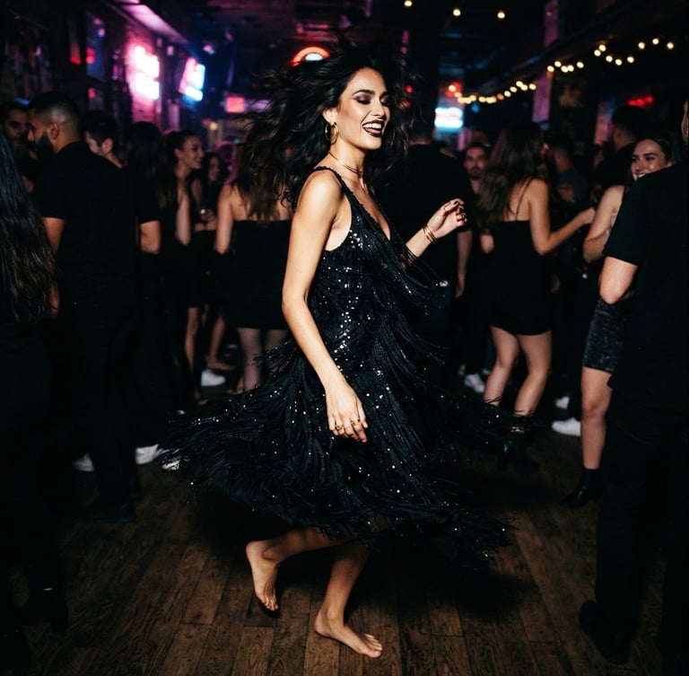 Model in a black high-impact evening dress, captured mid-motion in a dimly lit urban club with neon lights in the background, sharp flash photography, high-contrast, 35mm film grain, editorial fashion, low angle.