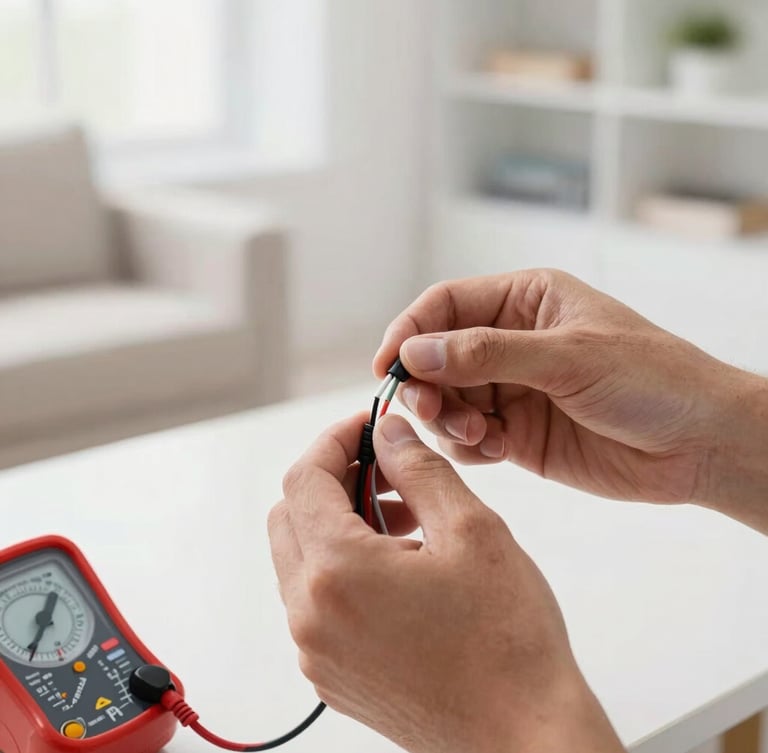 A close-up, medium shot of a technician's hands expertly connecting electrical wires, with a voltmeter visible. The background is a clean, well-lit home interior. Crisp commercial photography, bright natural daylight, sharp focus.