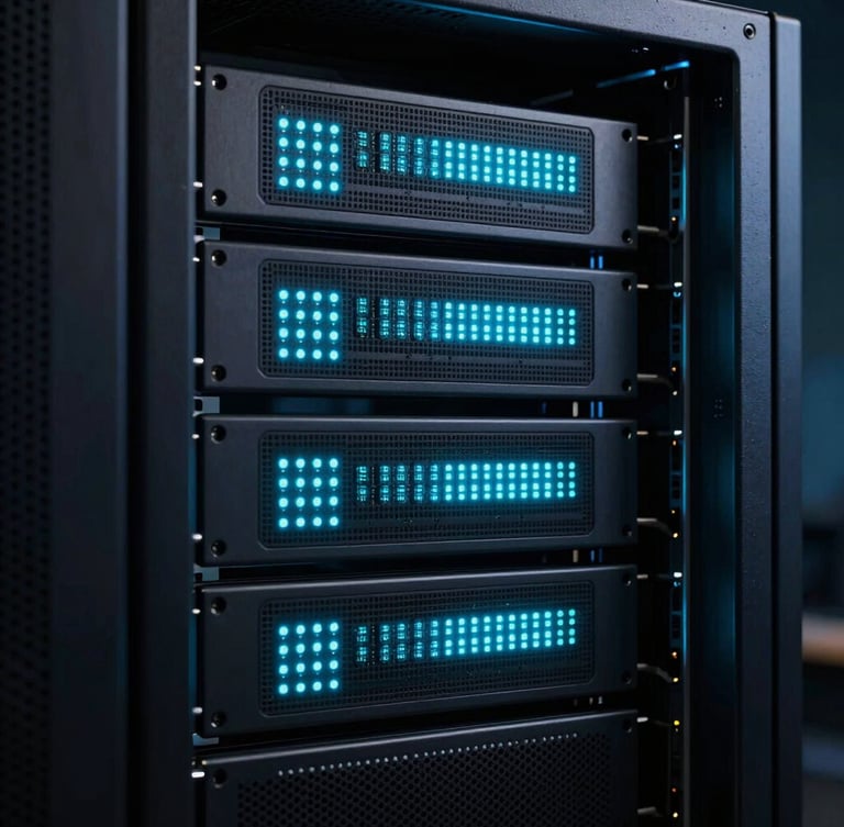 Sleek dark-mode technology photography, high-contrast close-up of server racks with glowing cyan LEDs, sharp focus, 35mm