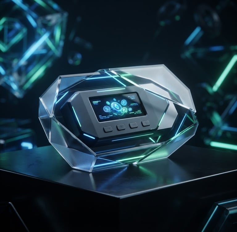 Sleek 3D render of a hardware wallet on a dark obsidian surface, glowing blue and green neon accents, clean geometric glassmorphism, cinematic lighting