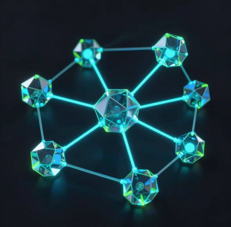 Sleek 3D render of abstract cryptographic nodes interconnected by glowing cyan data streams on a dark obsidian background, cinematic lighting