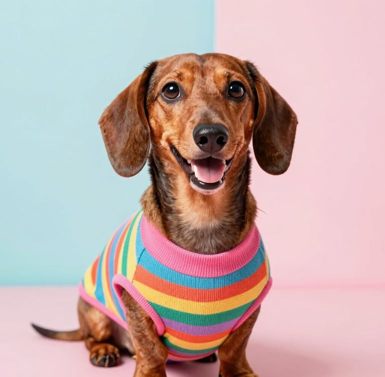 Bright editorial portrait of a cheerful Dachshund wearing a custom-fit colorful striped sweater, eye-level shot, vibrant pastel background, soft daylight