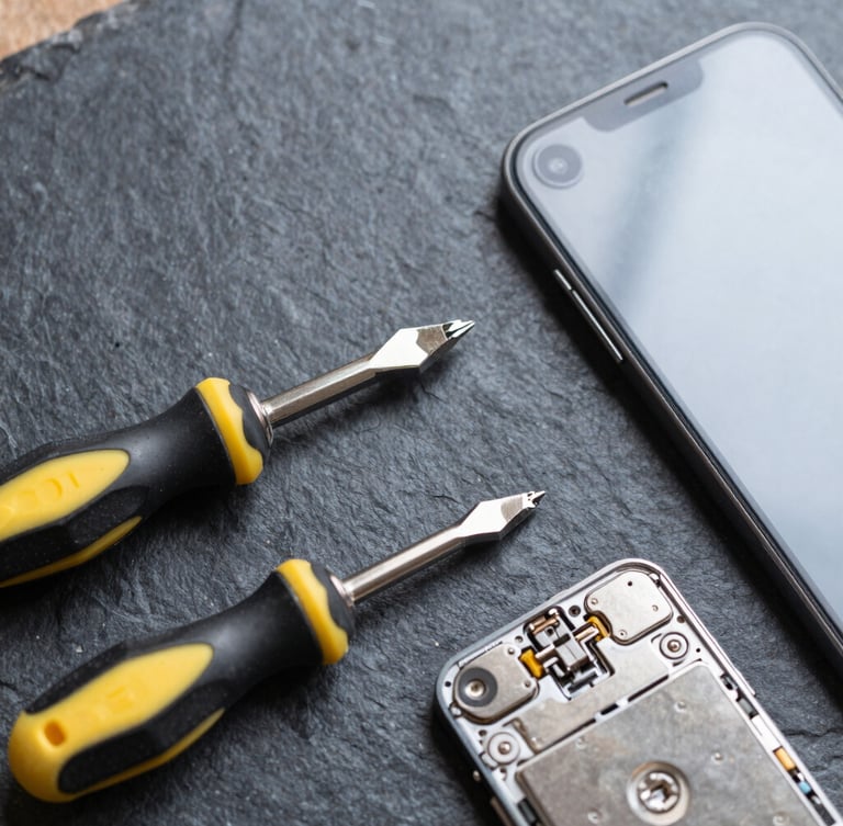 Top-down flat lay of precision screwdrivers and a disassembled smartphone on a dark slate workbench, cool bright lighting, high contrast technical details