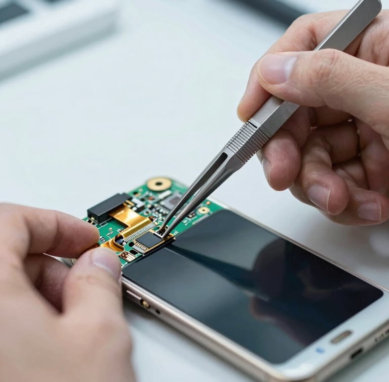 Crisp macro photograph of a technician's hands using precision tweezers to align a replacement screen ribbon cable on a smartphone motherboard, bright cool workbench lighting, shallow depth of field.
