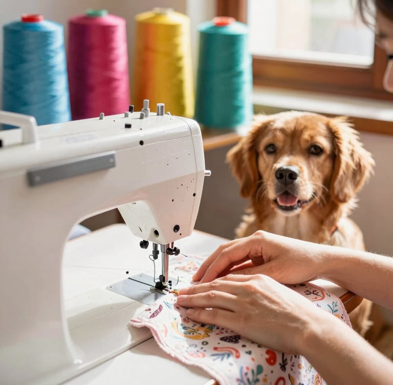 Warm sunlit sewing workshop in Celaya, colorful fabric rolls, sewing machine with teal thread, hands gently guiding a soft patterned fabric, cozy atmosphere