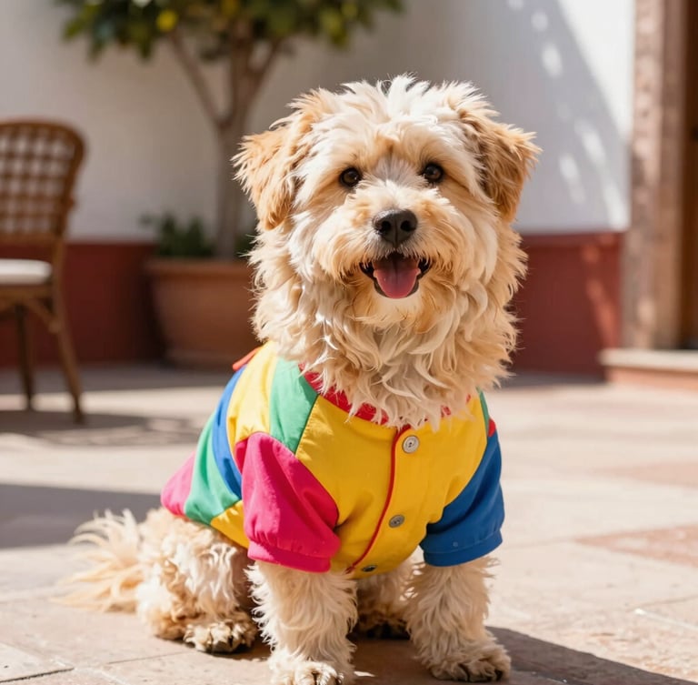 Eye-level warm portrait of a happy fluffy dog wearing a colorful custom-tailored shirt, sitting in a bright sunlit patio in Celaya, natural daylight, vibrant saturated colors, shallow depth of field