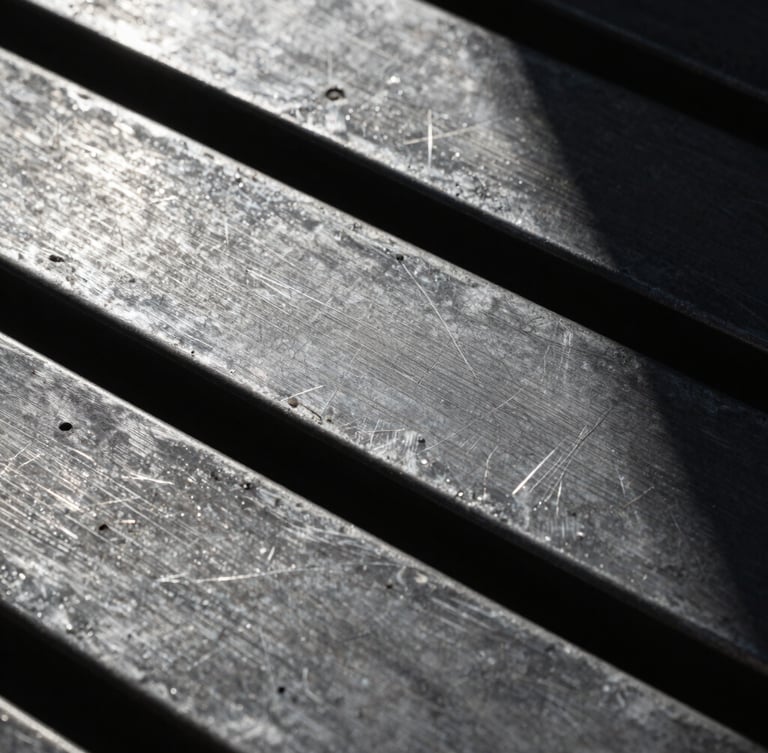 Macro close-up of raw, scratched metal plates under harsh direct flash, dramatic deep shadows, brutalist texture.