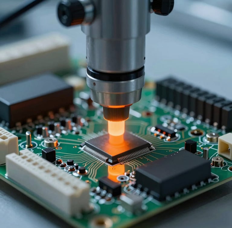industrial photography, high-contrast cool ambient light, sharp orange highlights, macro technical details of an electrical circuit board under thermal inspection, clean composition, 50mm