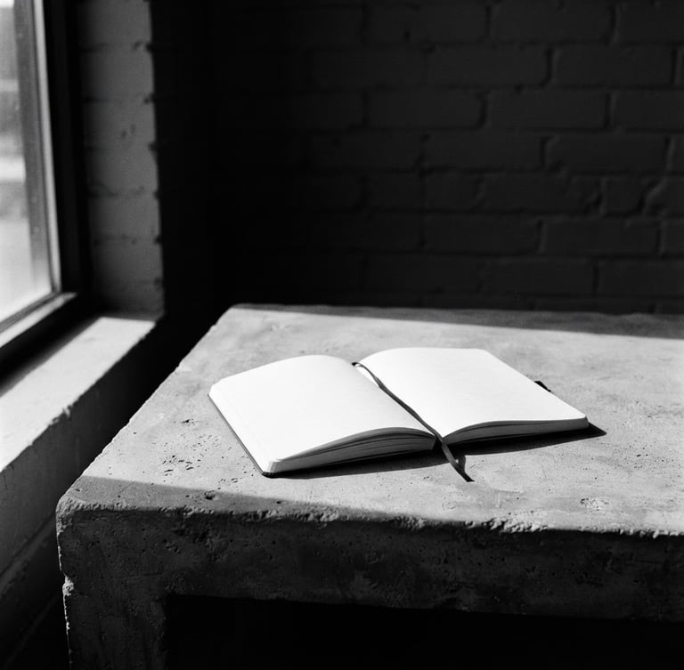 High contrast editorial black and white photography, a minimalist workspace with a single notebook on a concrete desk, dramatic natural window light, 35mm film.