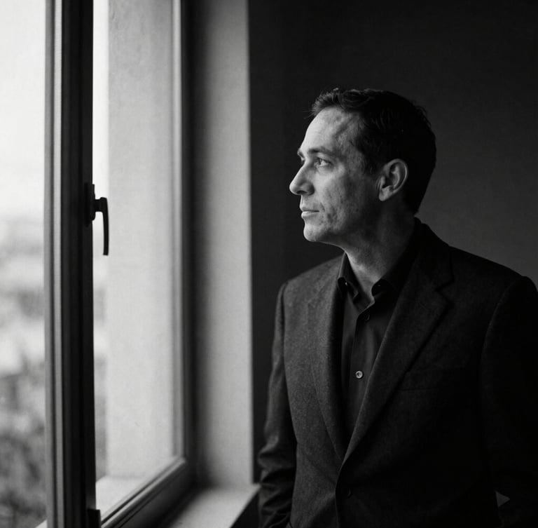 Candid black-and-white portrait of a focused strategist looking out a window, dramatic low-key lighting, deep shadows, minimalist composition, 35mm film.