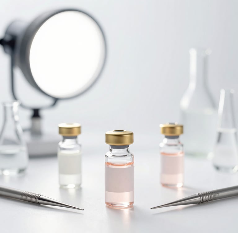 Pristine clinical aesthetics setup with professional gold-accented vials and sterile equipment under bright high-key studio light