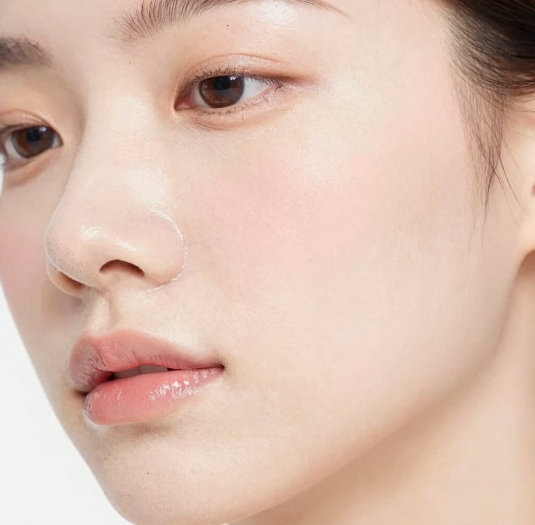 Bright high-key clinical photography, macro shot of glowing healthy skin with soft blush tones and crisp studio lighting, absolute purity.