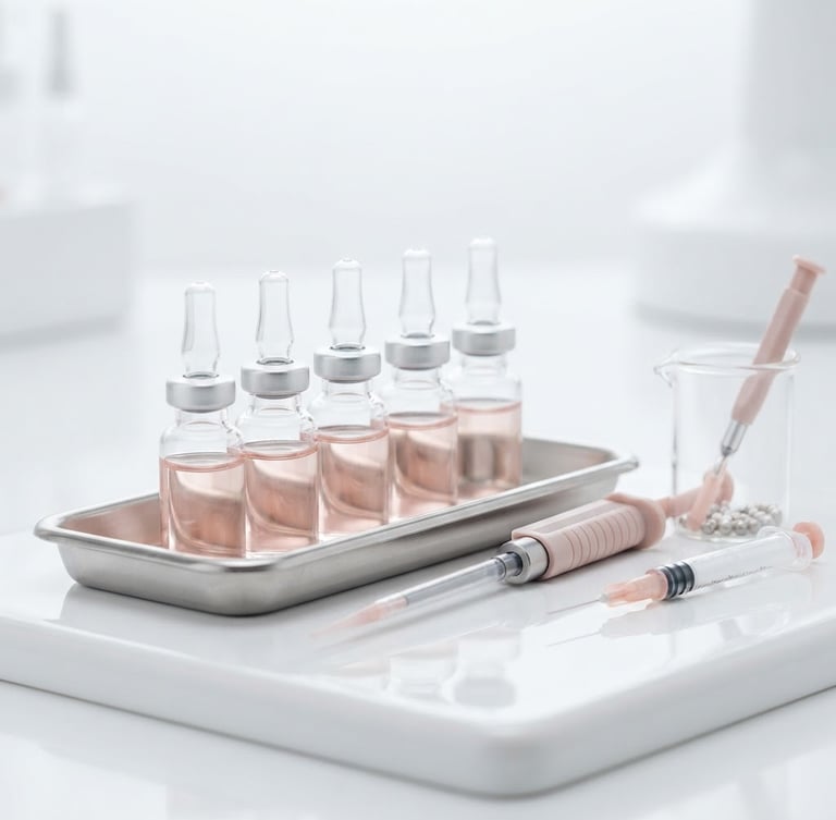 Bright high-key clinical photography, close-up of pristine clinical equipment and elegant product vials in soft blush and sterile white tones, crisp studio light.