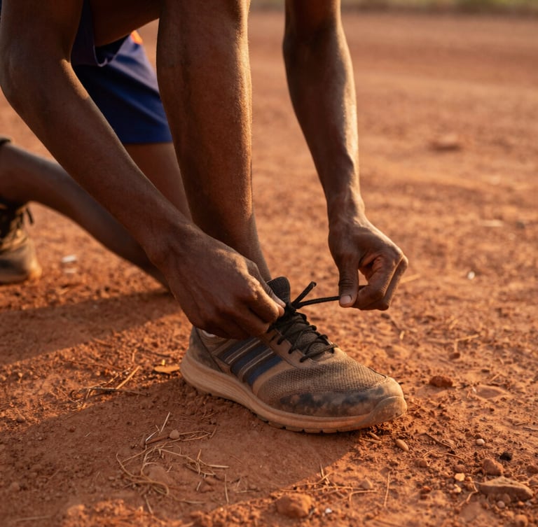 A young athlete tying his running shoes on a dusty red dirt track, warm golden-hour lighting, close-up shot focusing on hands and worn shoes, 35mm lens.