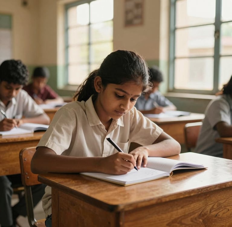 A focused South Indian student writing in a notebook at a wooden desk in a bright, airy classroom. Natural golden sunlight streaming through a window, warm editorial documentary style.