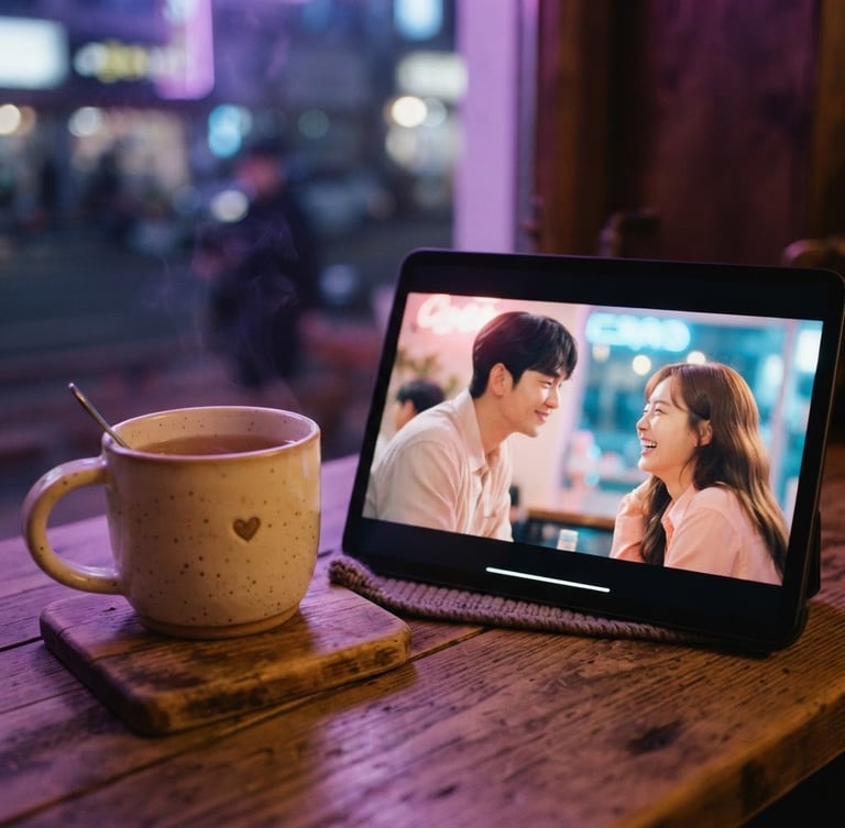 Close-up of a warm cozy mug next to a tablet showing a romantic K-drama scene, soft twilight neon lighting, shallow depth of field, 35mm