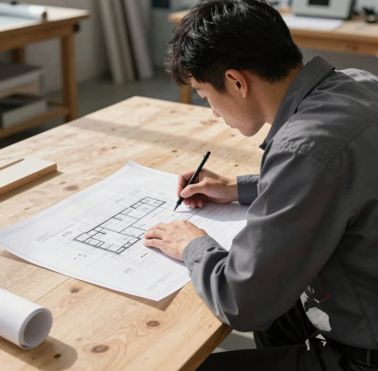An estimator in a clean dark-grey work shirt reviewing architectural blueprints on a physical timber workbench, high-contrast crisp shadows, bright daylight