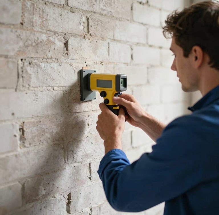 Medium-close shot of a professional estimator using a digital laser measure on an exposed brick wall, bright natural daylight, high-contrast industrial tones, 35mm