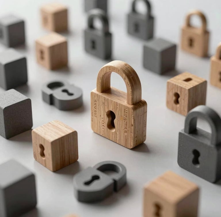 Wide, breathable composition of abstract 3D geometric shapes representing data flow and security, crisp high-fidelity rendering, bright studio lighting.