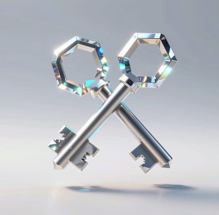 A high-fidelity 3D render of glowing, interconnected geometric shards representing cryptographic keys, floating in a clean, bright space with sharp shadows.