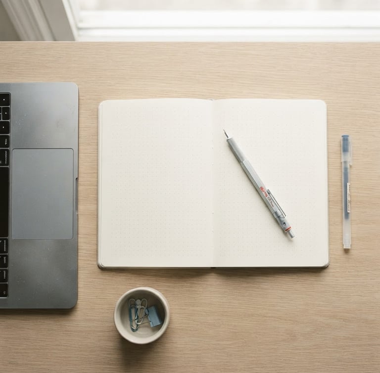 Overhead flat-lay of a minimalist desk setup, a mechanical pencil resting on a clean open notebook, silver laptop edge visible, bright diffused natural light, soft shadows, desaturated tones with a subtle blue accent, 35mm