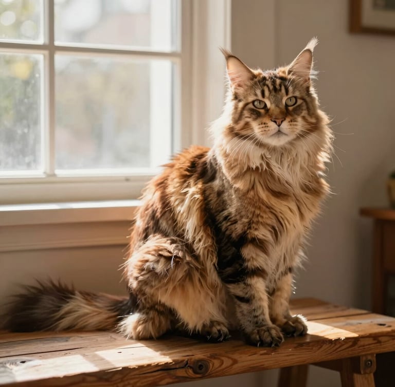 A majestic fully grown male Maine Coon cat sitting proudly on a rustic wooden bench, showing its massive size, lynx-like ear tufts, and incredibly bushy tail, warm sunlight from a side window.