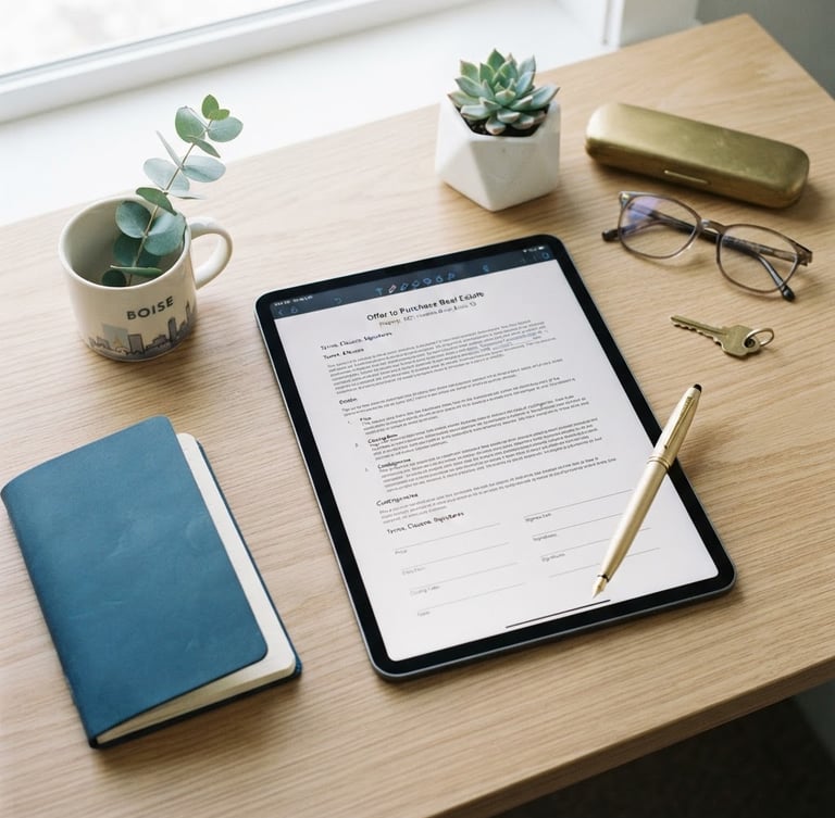 Bright editorial overhead flat-lay of a clean modern workspace in Boise, a digital tablet showing a real estate contract, a gold pen, natural daylight, 35mm