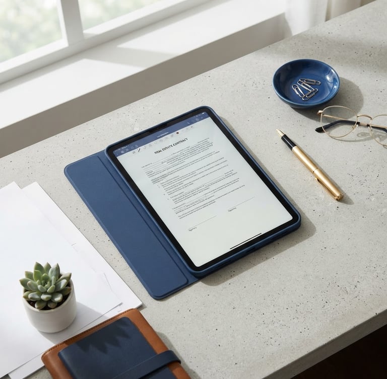 Bright editorial flat-lay of a modern organized workspace with a tablet showing a real estate contract, natural daylight, soft shadows, a gold pen resting on the side