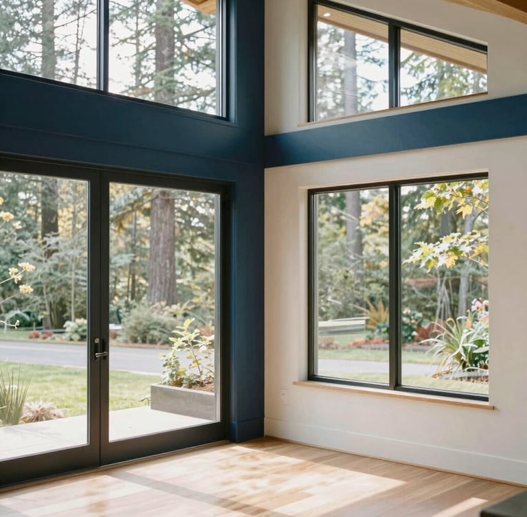 Bright editorial photography of a modern Pacific Northwest home interior, soft natural daylight streaming through large windows, clean lines, 35mm