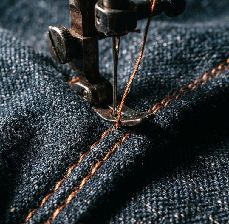 Extreme close-up macro shot of a vintage sewing machine needle piercing heavy indigo raw denim, warm copper thread, high-contrast workshop lighting, 35mm photograph