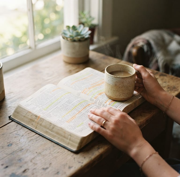 Open book with highlighted pages on a wooden desk, warm hands holding a ceramic mug, soft morning sunlight streaming from a window, shallow depth of field, 35mm