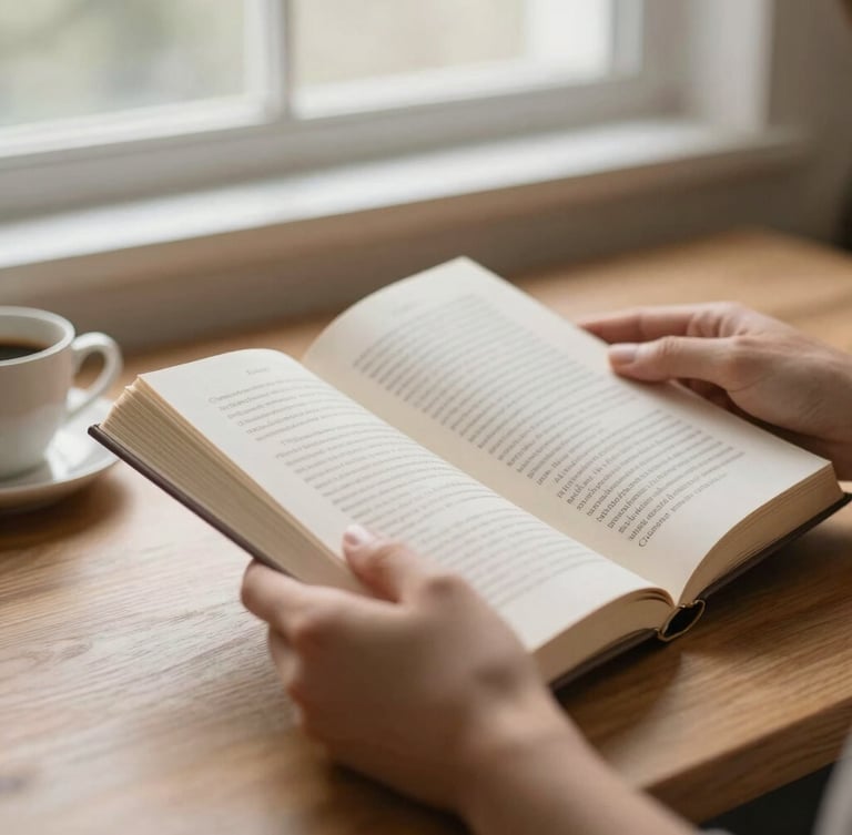 Close-up of warm hands gently holding an open Christian motivational book, soft morning window light, shallow depth of field, on a wooden desk with a cup of coffee nearby.