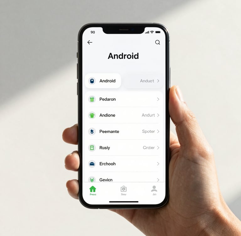 Crisp modern technology photography of a hand holding an Android phone displaying an elegant, high-contrast user interface, bright natural daylight, soft studio fill