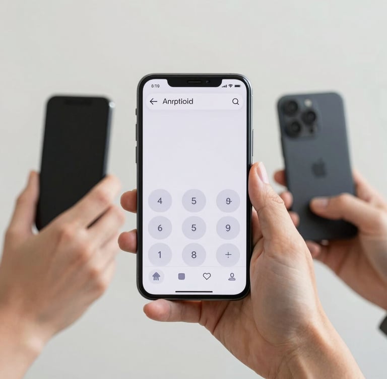 A crisp modern Android smartphone held by hands of different generations, displaying a clean user interface with large readable buttons, bright daylight, soft neutral background