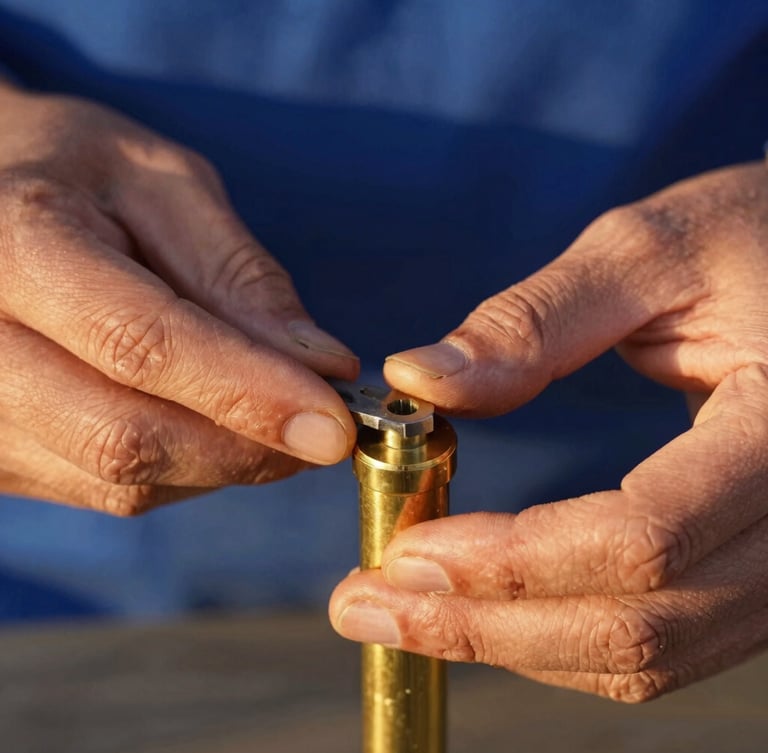 Close-up macro shot of skilled hands working on a brass door cylinder with clean, well-maintained tools, natural golden-hour light, shallow depth of field, rich terracotta and deep blue tones, 35mm