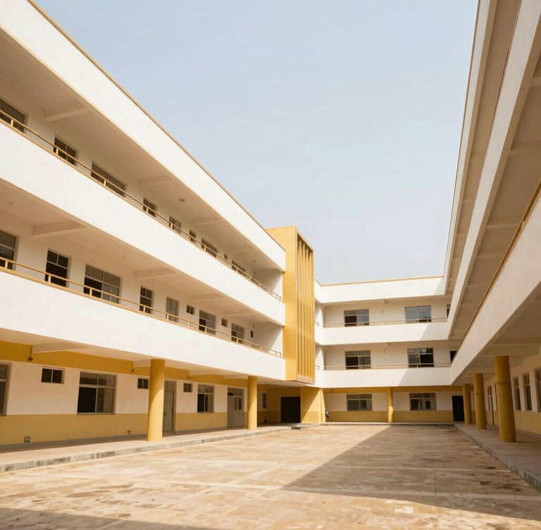 Architectural shot of the clean, modern Cocody Angré campus buildings, bright natural daylight, orderly geometric lines, wide perspective