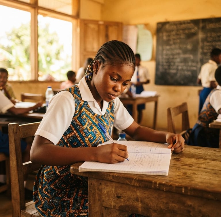 Medium shot of a student writing in a notebook in a sun-drenched classroom, warm West African daylight, focused expression, wooden desk, soft golden tones