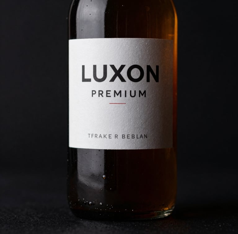 Moody dark product photography of a dark amber glass bottle of LuXon Premium catching sharp amber rim light, deep black background, high-contrast, macro lens, 35mm