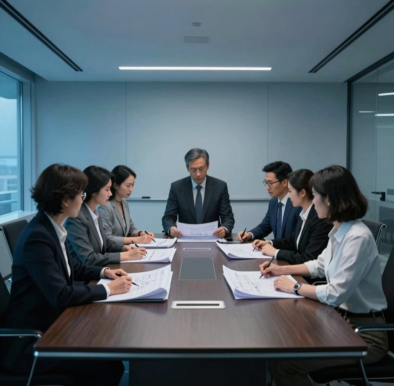 Wide environmental shot of an executive boardroom with sharp focused professionals reviewing blueprints, cool low-key lighting