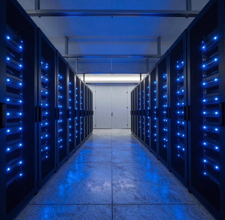 Wide-angle architectural photograph of a pristine, modern data center corridor, symmetrical rows of black server racks with glowing electric blue LED indicators, polished concrete floor reflecting the cool blue light, high contrast, technical atmosphere.