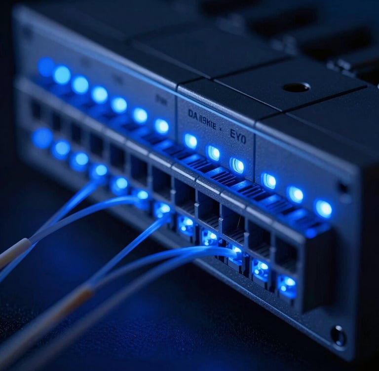 Professional close-up of a fiber optic patching panel glowing with cool blue laser light, macro detail shot, sleek high-contrast architectural style.