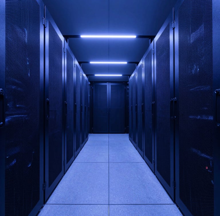 Sleek architectural wide-angle shot of a clean, modern server aisle with low-key cool blue LED lighting, deep navy tones, symmetrical perspective.