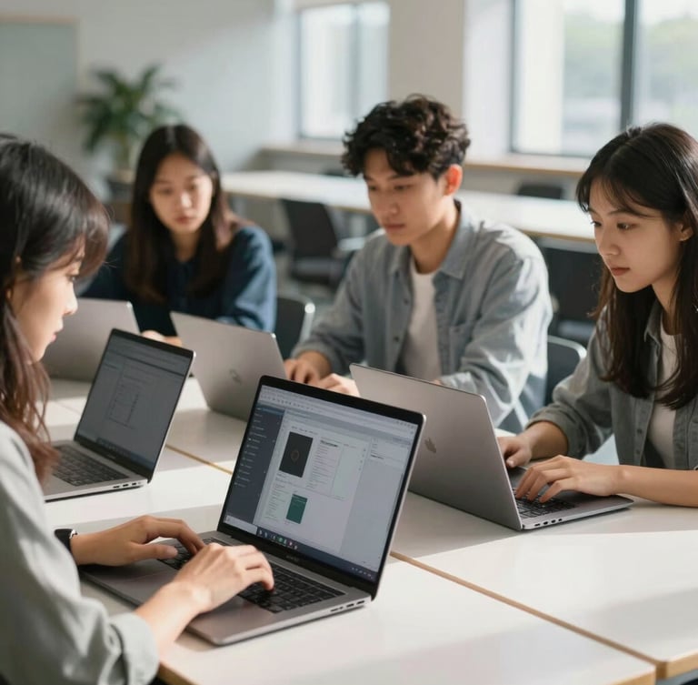 Candid, natural-light shot of student creators collaborating over laptops in a bright, modern university study space, clean shadows, tight focus on a screen showing design files.