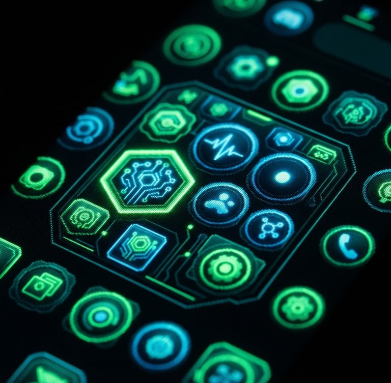 Extreme close-up macro shot of a custom Android launcher interface glowing neon green and cyber-blue on a dark smartphone screen, deep shadows, sharp pixels.