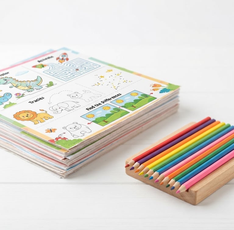 Primer plano de un mockup digital del KIT LÁPICES FELICES, mostrando una pila de hojas impresas con varios diseños de actividades para niños, lápices de colores organizados en primer plano, iluminación natural brillante, fondo blanco.