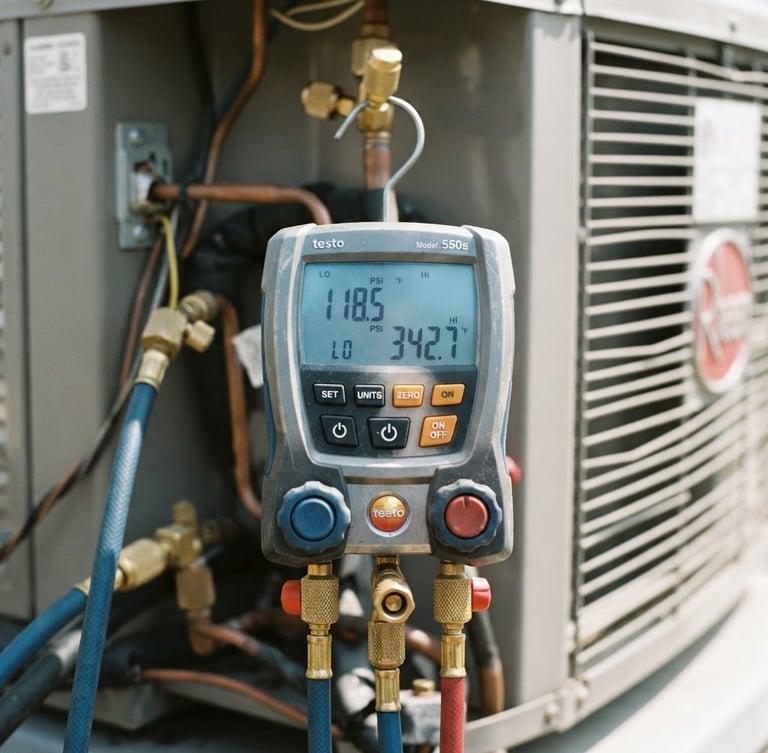 Close up of a clean digital measurement tool showing pressure readings on an air conditioning unit, cool blue tones, sharp focus, technical photography