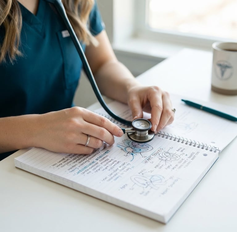 Close-up of clean nursing study materials, hands holding a stethoscope over a neat notebook, bright natural daylight, clinical teal tones