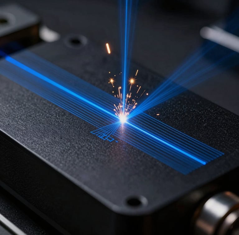 Extreme macro shot of a blue laser beam engraving high-precision vector lines onto a matte black anodized aluminum surface, gold sparks flying, dark atmospheric background, technical lighting.