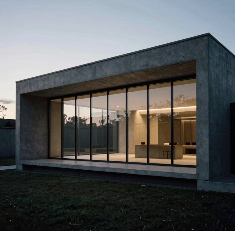 Wide panoramic architectural angle of a minimalist concrete and glass executive pavilion, cool overcast daylight, deep charcoal tones